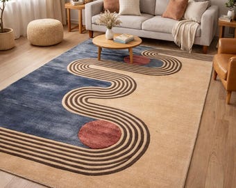 Modern Abstract Wave Design Area Rug – Beige, Blue & Brown Contemporary Carpet for Living Room