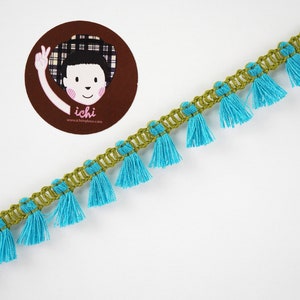 5 Yards Aqua Blue tassel with Olive Drab Green trim, tassel fringe trim, tassel trim, tassel fringe, cotton tassel fringe, blue tassel trim