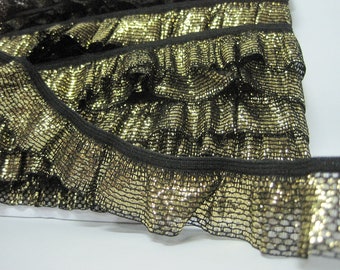 5 Yards Gold Metallic and Black Ruffle Elastic Trim, Ruffle Trim, Elastic Trim, Black Trim, gold trim, gold metallic trim,black elastic trim
