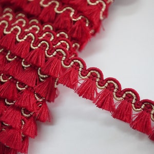 Könnte beinhalten: Rote und goldene Franse mit einem gewellten Rand. Die Franse ist aus einem weichen, gewebten Stoff gefertigt und hat einen zarten, femininen Look.