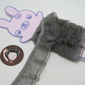 Könnte beinhalten: Grauer Rüschenbesatz mit schimmerndem Finish. Der Besatz ist aus einem weichen, durchsichtigen Stoff gefertigt und perfekt, um jedem Projekt einen Hauch von Eleganz zu verleihen.