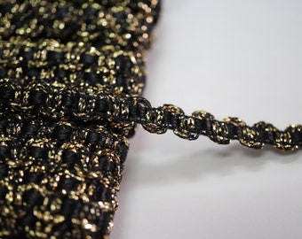5 yards Black Silky inserted Black-Gold Metallic Braid, Braided trim, inserted ribbon lace, gold metallic lace, black gold metallic lace