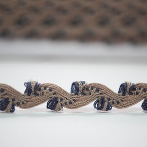 5 Yards 3/8" Midnight Blue-Tan Picot Rick Rack Trim, Multicolored Rick Rack, Double picot rick rack, picot puff rick rack, fancy ric rac