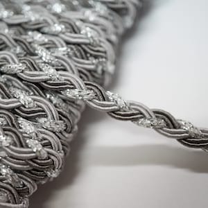 May include: A close-up of a silver and gray braided cord with a sparkly finish. The cord is twisted and coiled, showing the texture and detail of the braid.