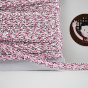 Trança metálica prateada rosa de 5 jardas, trança plana, fita prateada, trança prateada, trança metálica prateada, trança rosa, fita rosa, renda rosa