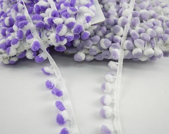 5 Yards 2 tone White-Purple Pom Pom Trim, lavender pom pom fringe, Pom Pom Fringe, White pom pom, purple Pom Pom Trim, lilac pom pom trim