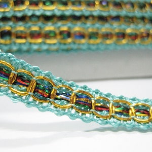 5 Yards 5/16" Aqua Green-Gold Braid trim, Gimp Braid, Braided Gimp Trim, Scroll Braid, Gold metallic trim, green gimp braid, aqua green lace