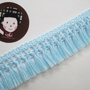 5 Yd 1-1/4&quot; Light Blue Cotton Tassel Trim, Blue Trim, Blue tassel fringe, wholesale trim, Blue tassel trim, Blue chainette fringe, blue