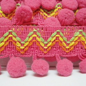 5 yards Shocking Pink Boho Large Pom Pom trim, wholesale trim, boho pom pom, bohemian pom, boho trim, pink pom pom trim, pink pom pom fringe