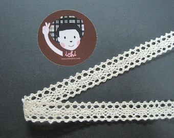 May include: A close-up of a beige crocheted lace trim. The lace has a delicate pattern with small holes and a scalloped edge.