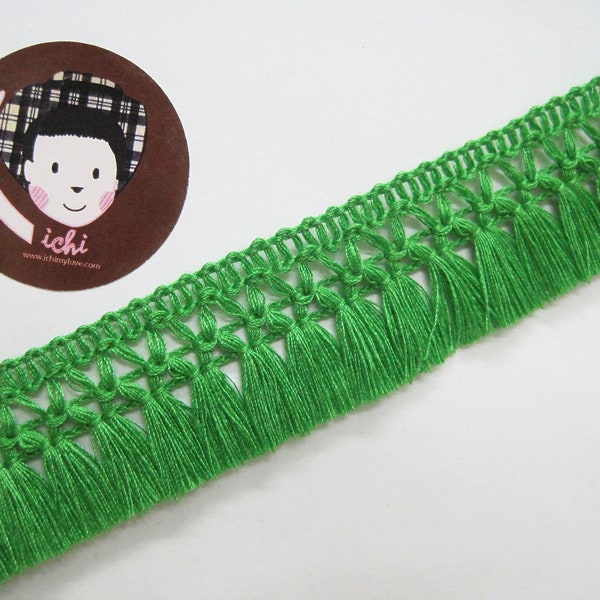 5 Yd 1-1/4" Green Cotton Tassel Trim, Green Trim, Green tassel fringe, wholesale trim, green tassel trim, green chainette fringe, green