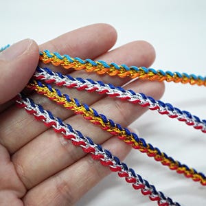 5 jardas de trança metálica azul-laranja/vermelho-prata/dourado, trança plana, trança metálica, acabamento trançado, fita metálica, ouro metálico, fita azul