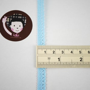 May include: A light blue lace trim measuring 1 inch (2.5 cm) in length. The trim is shown next to a ruler for size reference.
