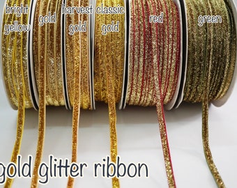 5 Yards 3/16" Gold Metallic Glitter Ribbon, Glitter yarn, sparkle glitter ribbon, Gold Velvet Ribbon, gold sparkle ribbon,gold metallic trim