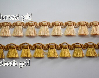 5 Yards Gold Silky Tassel Trim, Tassel Trim, Tassel fringe, wholesale trim, shiny tassel trim, dress fringe, gold tassel, gold tassel fringe
