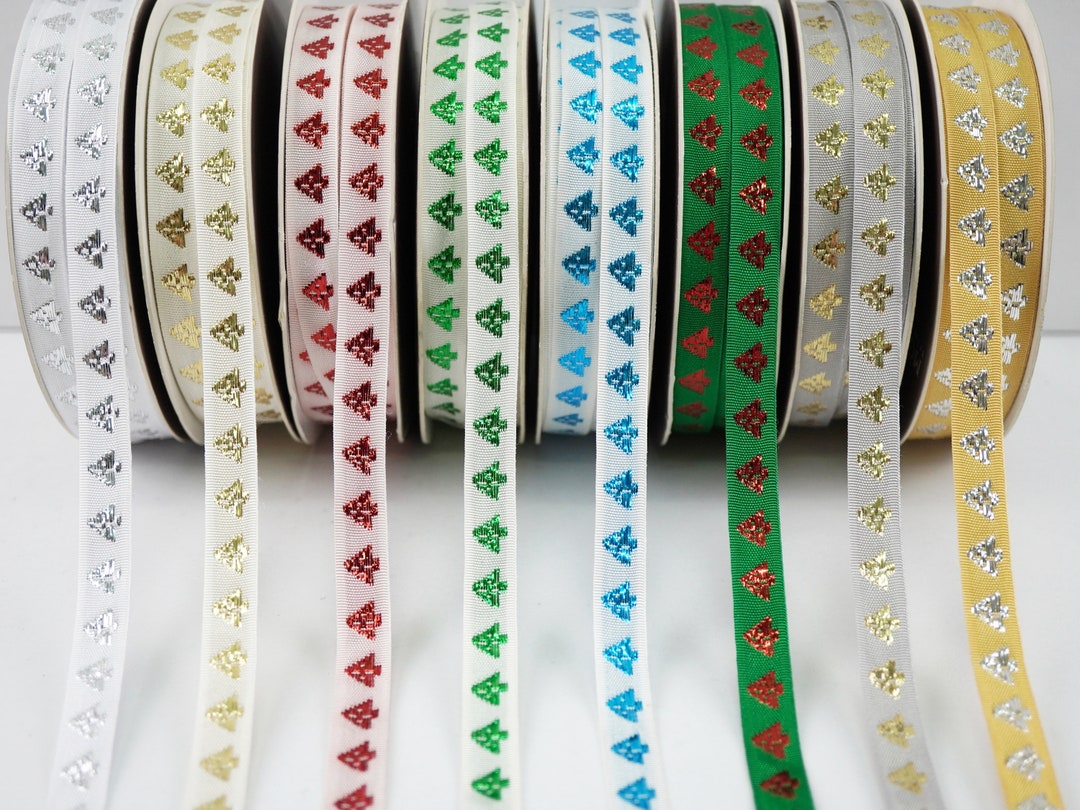 5 Yards 7/16 Christmas Tree Metallic Ribbon, Embroidered Ribbon