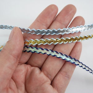 Trança metálica azul-ouro/prata de 5 jardas, trança plana, trança metálica, acabamento trançado, fita metálica, renda metálica dourada, prata metálica