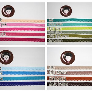 May include: Assortment of 10 colors of lace trim, including peach pink, carnation pink, pink, shocking pink, hot pink, teal, aqua green, lime green, olive green, olive drab green, dark green, light blue, turquoise, aqua blue, azure, tan, light brown, mahogany, and dark brown.