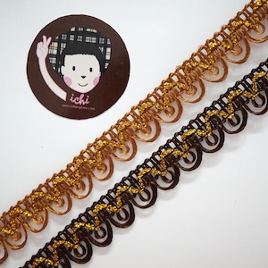 5 yards 5/8" Brown Loop trim with Gold metallic, loop trim, braided trim, scallop lace, gold metallic lace, dark brown loop trim, dark brown