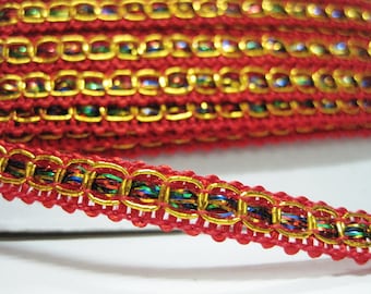 5 Yards 5/16" Braid Trim, Red-Gold Braid trim, Gimp Braid, Braided Gimp Trim, Scroll Braid, Gold metallic trim, red gimp braid, red ribbon