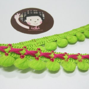 5 Yards Lime Green Mini Pom Pom with Hot Pink Stitch Trim, Mini Pom Pom Trim, Green pom pom fringe, lime green pom pom trim, bright green