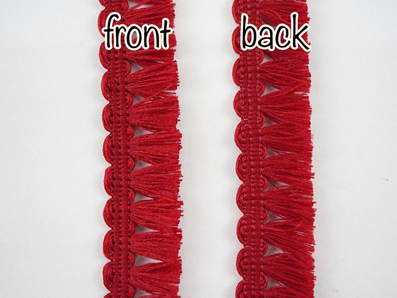 May include: Red fringe trim with a scalloped edge. The trim is shown from the front and back. The text "front" and "back" is written on the image.