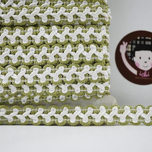 5 yards 1/2" White Gimp braid with Olive Drab Green Edge, Braided Gimp Trim, Scroll Braid Trim, Chinese Braided Trim, French gimp braid