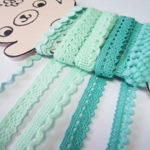 5 yards Mint Green-Teal Trims, LaceTrim, Rick Rack Trim, Crochet Lace Trim, Cotton Lace Trim, Mint, Teal, Mini Pom Pom trim, Tiny pom pom