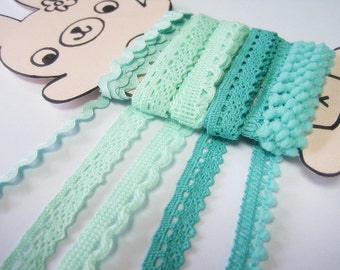 5 yards Mint Green-Teal Trims, LaceTrim, Rick Rack Trim, Crochet Lace Trim, Cotton Lace Trim, Mint, Teal, Mini Pom Pom trim, Tiny pom pom