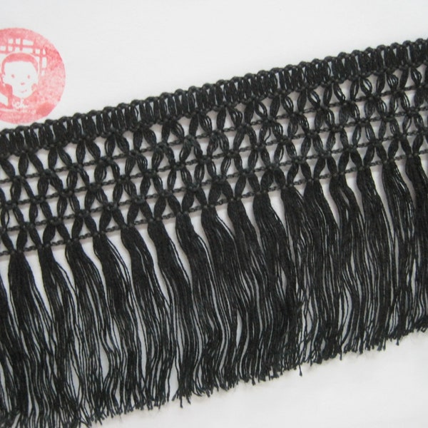 5 Yards 4" Black Cotton Long Tassel Fringe, Ivory Trim, cotton tassel trim, Cotton tassel, black chainette fringe, black fringe trim