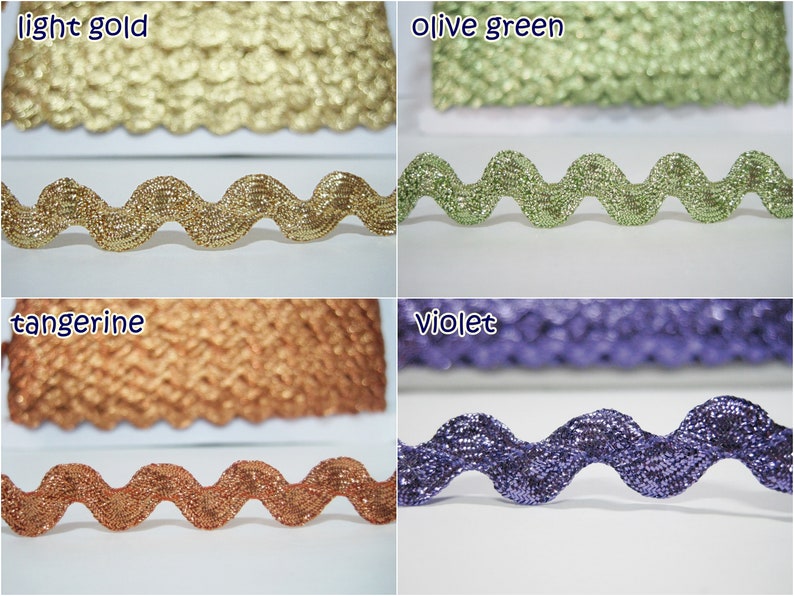 Peut inclure: Quatre &eacute;chantillons de garniture m&eacute;tallique &agrave; bord ondul&eacute;. La garniture est pr&eacute;sent&eacute;e en or clair, vert olive, tangerine et violet.