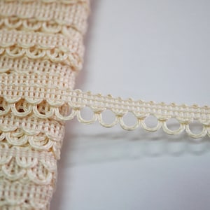 May include: Cream-coloured crocheted trim with a scalloped edge and a repeating pattern of small circles.