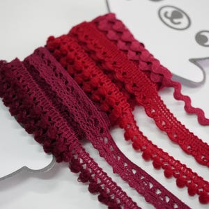 Pode incluir: Conjunto de renda vermelha e bordô com vários padrões, incluindo pompons, conchas e corações.