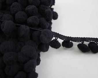 5 Yards 1.2 cm Black Pom Pom Trim, black pom pom fringe, Pom Pom Fringe, black trim, Pom pom yarn, Wholesale Trim, Black Large Pom Pom, tan