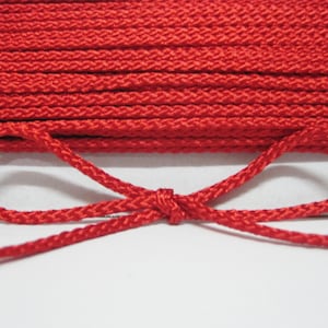 May include: A close-up of a red cord tied in a bow. The cord is made of a soft, woven material.