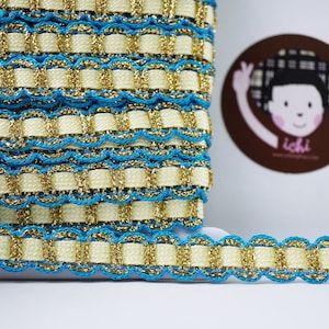 5 yards Light Yellow Blue with Gold Metallic Braid, Braided trim, Gold metallic braid, inserted ribbon lace, yellow lace trim, blue lace