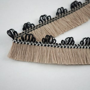 5 Meter beige Quaste mit schwarzer Spitze, beiger Quastenborte, beiger Quastenborte, Quastenborte, Blumenspitze, schwarzer Spitze, braune Quastenfranse
