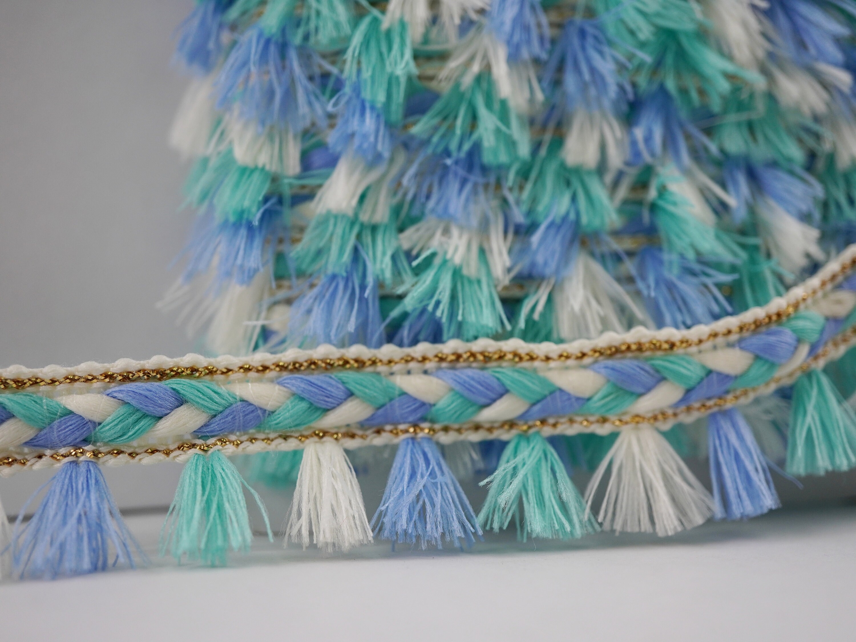 5 yards Blue-Mint-Cream Tassel Braided Trim with Gold Metallic, Multicolored tassel trim, blue tassel fringe, mint tassel fringe, cream lace