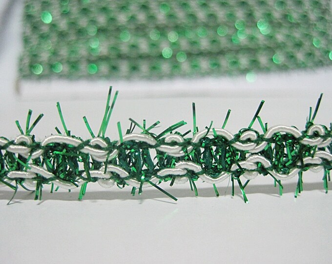 5 Yards Green Tinsel Trim With Cream Braided, Green Trim, Tinsel Trim