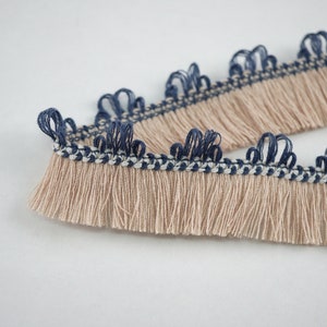 5 Meter Beige Quaste mit nachtblauer Borte, beige Quastenborte, beige Quastenborte, Quastenfransen, Blumenspitze, blaue Spitze, braune Quaste