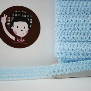 May include: Light blue crochet trim with a delicate openwork pattern. The trim is shown rolled up and laid flat. The trim is perfect for adding a touch of elegance to any project.