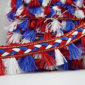 5 yards blauw-rood-wit kwastje gevlochten trim met goud metallic, veelkleurige kwast trim, blauwe kwast franje, witte kwast franje, rode kwast