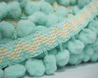 5 yards Mint Extra Large Pom Pom Trim Stitch Ribbon, Large Pom Pom Trim, mint pom pom fringe, mint pom pom trim, boho fringe, mint trim