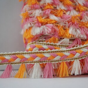 5 mètres de garniture tressée à pampilles orange-rose-crème avec or métallique, garniture de pampilles multicolore, franges de pampilles roses, franges de pampilles orange, crème