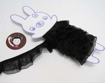 5 Yards Black Organza Ruffle Elastic Trim 2-layers, Chiffon Ruffle Trim, Black Trim, Ruffle Trim, Organza Ruffle Trim, Elastic Trim, black