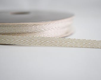 5 yards 1/4" Off White Twill tape with Light Gold Metallic, Herringbone Tape, Glitter twill tape, white twill tape, Christmas ribbon, white