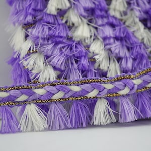 5 yardas lavanda-lila-crema borla trenzada ribete con oro metálico, ribete de borla multicolor, flecos de borla púrpura, flecos de borla crema