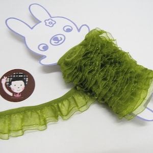 May include: Green ruffled trim with a shimmery finish. The trim is made of a soft, sheer fabric and is perfect for adding a touch of elegance to any project.