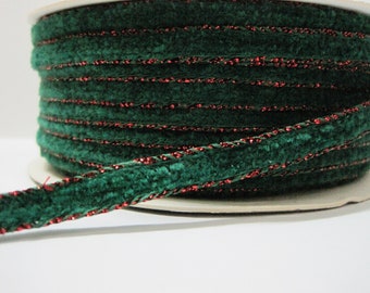 5 yards Green Velvet Ribbon with Red Metallic Edge, Christmas Ribbon, Metallic Ribbon, wholesale ribbons, hair bow ribbon, green ribbon