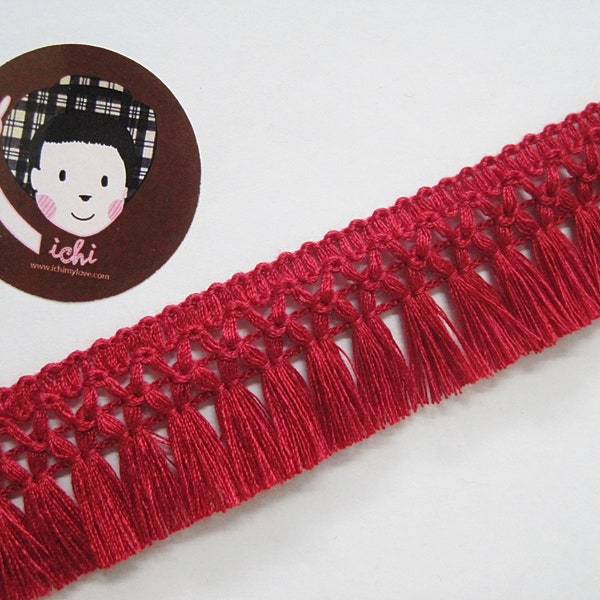 5 Yd 1-1/4" Ruby Cotton Tassel Trim, Red Trim, Red tassel fringe, wholesale trim, Red tassel trim, red chainette fringe, red fringe trim